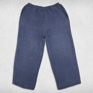 Flax Linen Pants Womens M Blue Wide Leg Pockets High Rise Casual Summer Boho